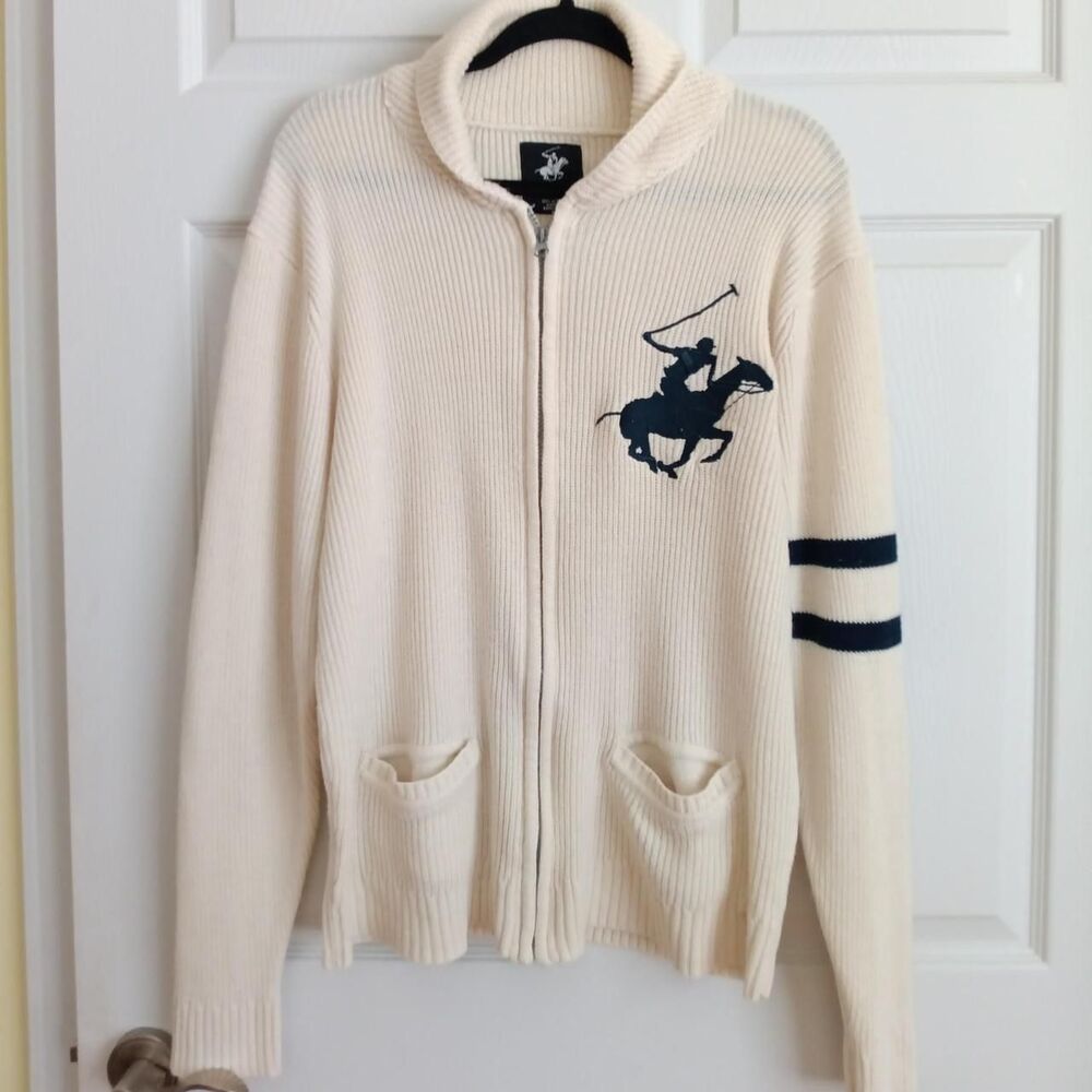 Vintage Beverly Hills Polo Club Cream Full-Zip Knit Sweater - Size L 
